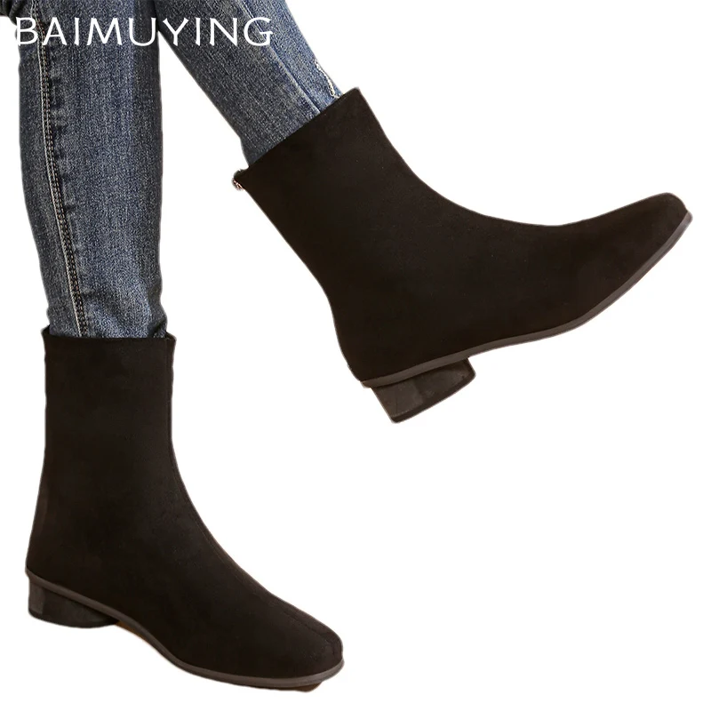 Ботильоны Зимняя женская обувь с острым носком в стиле ретро замшевая на среднем