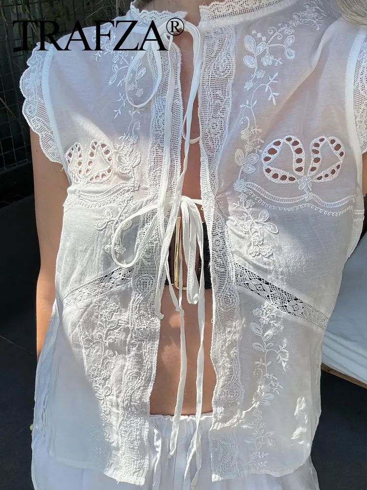 Женская рубашка с бантом и круглым вырезом без рукавов