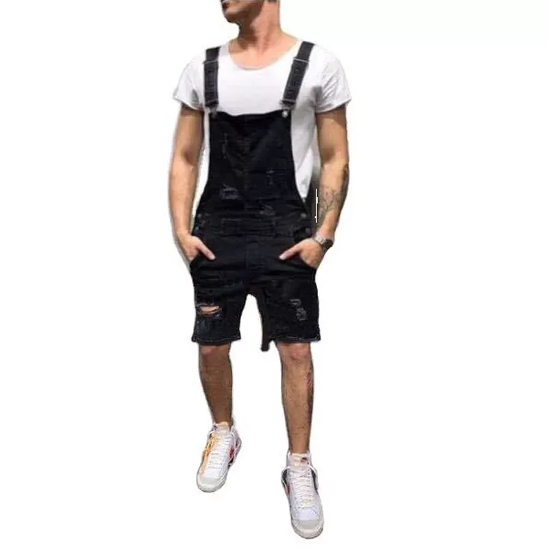 

NEW IN Men's Overalls Baggy Jeans Shorts Jumpsuits Men Shorts Summer Clothing Street Distressed Denim Bib Overalls Man Pants