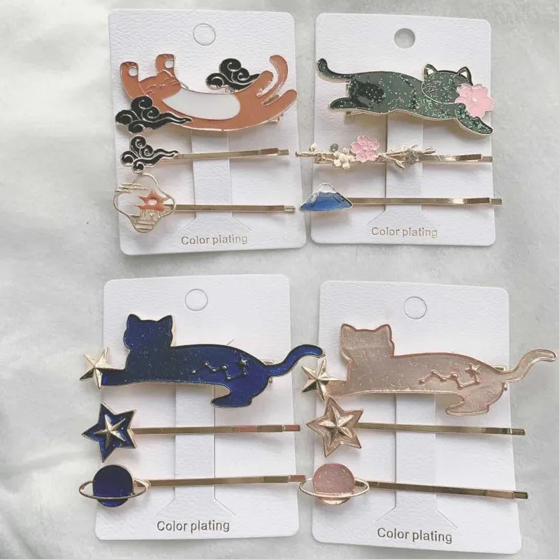 

Japan Cute Cartoon Cat Shiny Starry Sky Metal Hairpin For Girl Woman Girl Kawaii Blue Pink Noe Line Hair Clips Barrettes Gift
