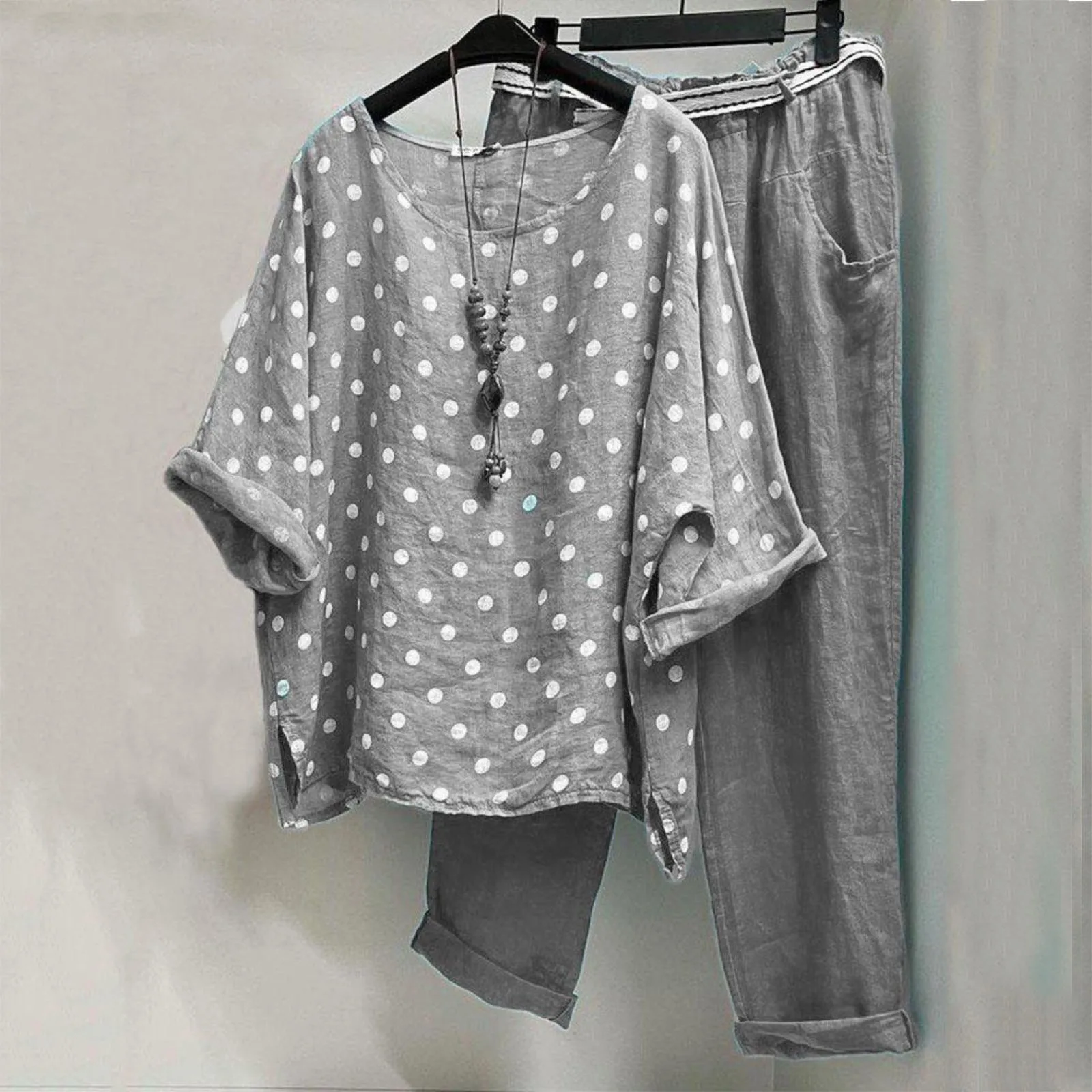 

Женский винтажный комплект из двух предметов, Повседневная рубашка с круглым вырезом и коротким рукавом в горошек, свободные брюки с высокой талией, костюм, женский наряд на лето