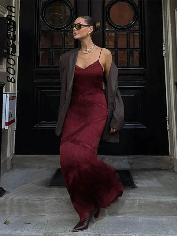 

BOOFEENAA длинные женские платья макси на тонких бретельках с V-образным вырезом во французском стиле Сексуальное Черное Красное Кружевное обле...