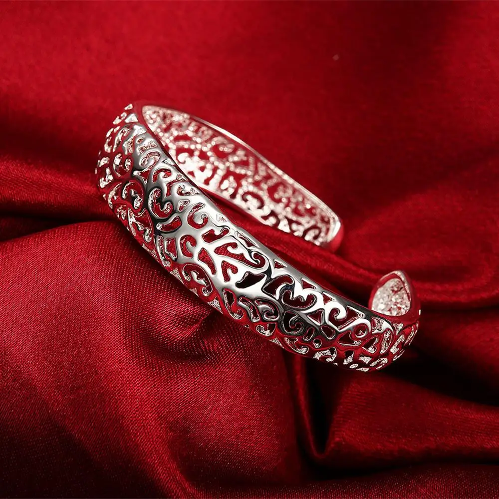 

Fine 925 Sterling Silver Pretty Hollow pattern bangles cuff Bracelets for Women adjustable Fashion Jewelry wedding Party Gifts