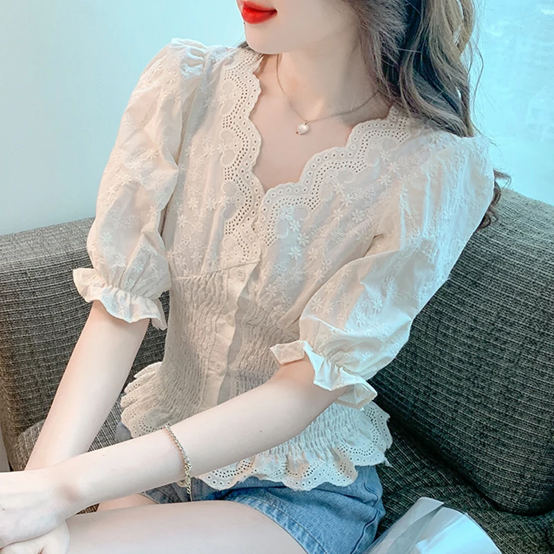 

Hollow out Crochet Summer top Sweet Short-sleeved Lace shirt Slim waist V neck Women blouse Blusa