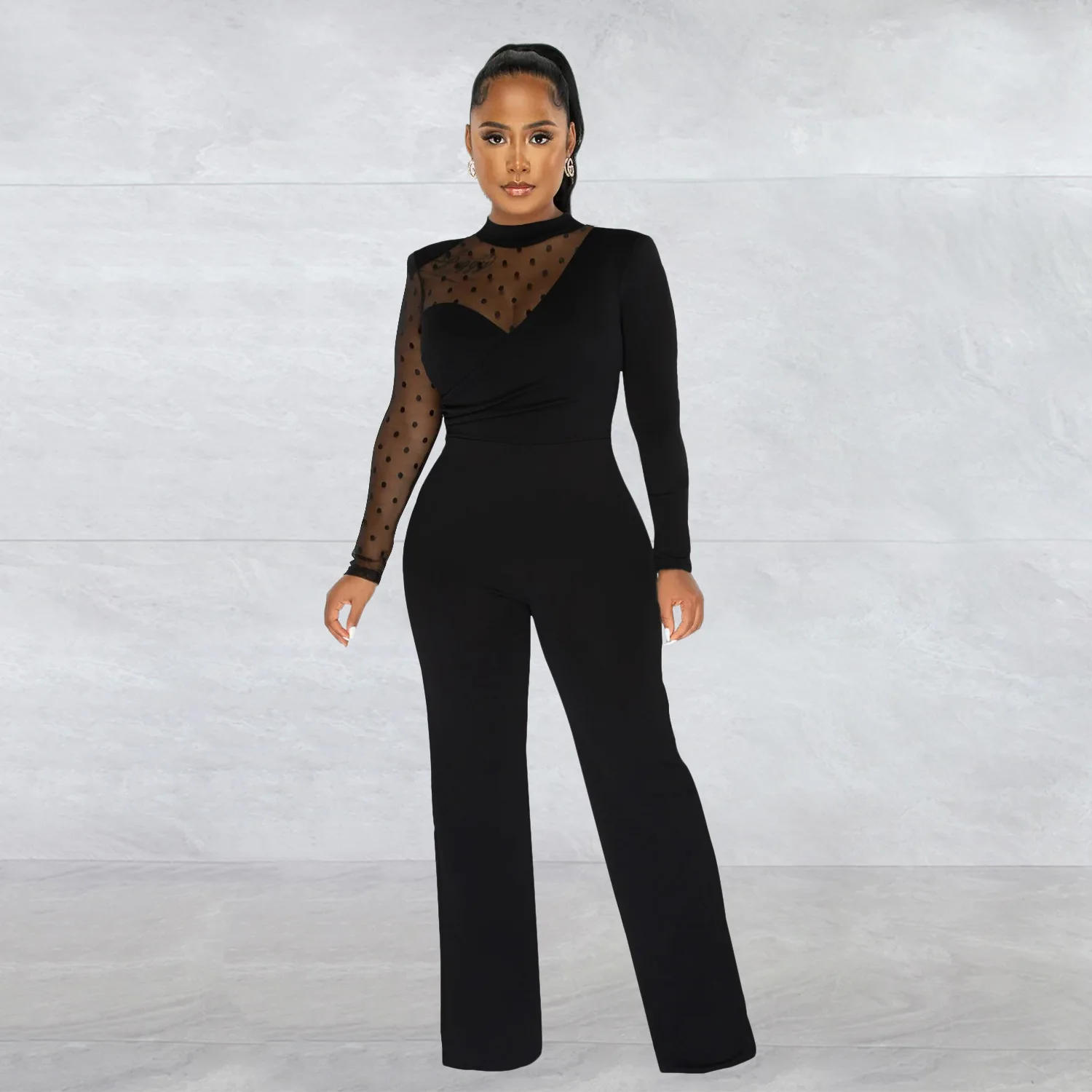 2022 Spring Autumn Mesh Patchwork Black Jumpsuit Women Rompers Office Lady Stand Collar High Waist Jumpsuit Outfits Female