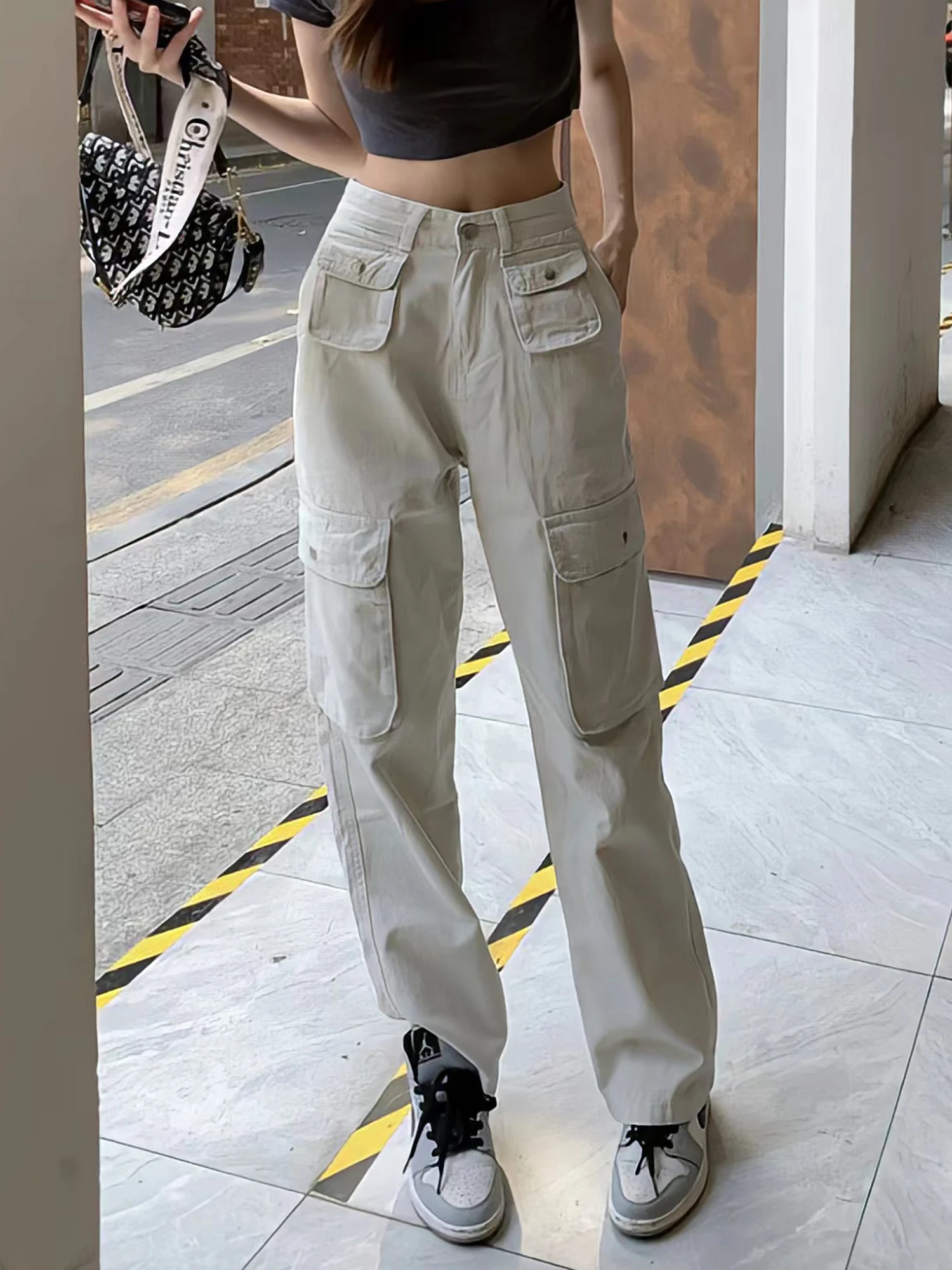 Vintage 90s Womens Solid Cargo Pants Loose Wide Leg Straight Pants Streetwear Lady Hip Hop Trousers Leisure All-Match Overalls