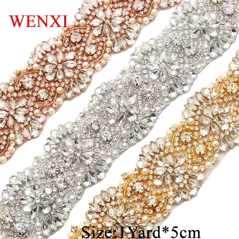 

WENXI Rose Gold Crystal Rhinestone Applique By The 5CM*1Yard Trim For Bridal Dress Belt Rhinestone Applique Accessory WX821