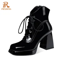 Women's Shoes 2022 New Autumn Winter Warm Ankle Boots Genuine Cow Leather Chunky High Heels Platform Black Working Short Boots 8