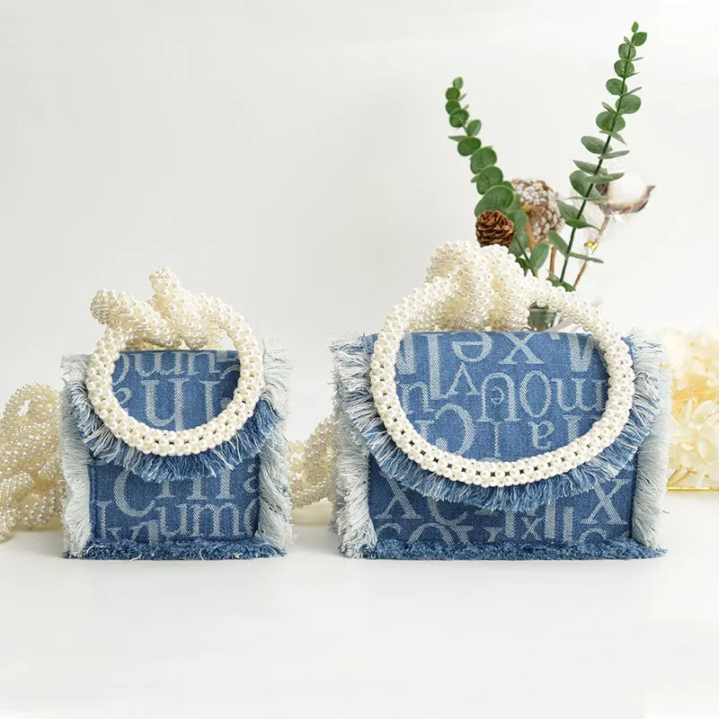 

2022 Fashion New Pearl Messenger Bag Handmade Beaded Chain Bag Denim Mini Shoulder Bag Design Versatile Hand Bags for Women