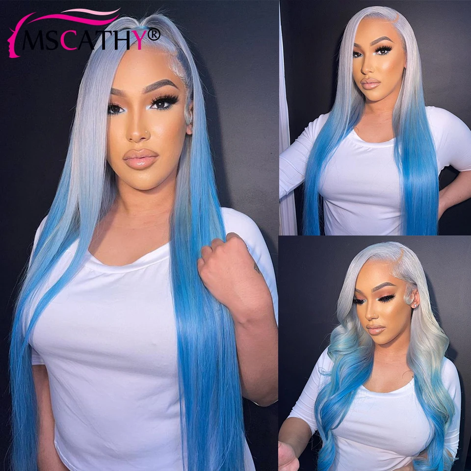 13x4  Light Blue Ombre Lace Front Wigs Straight Grey Gluess Brazilian Human Hair Wigs For Women Body Wave Grey HD Lace Front Wig