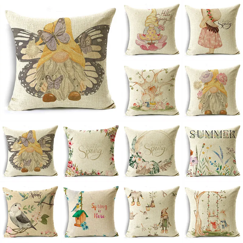 

Spring Girl Old Man Bird Grey Butterfly Beige Retro Throw Pillowcase Home Sofa Office Bedroom 40*40cm/45*45cm/50*50cm