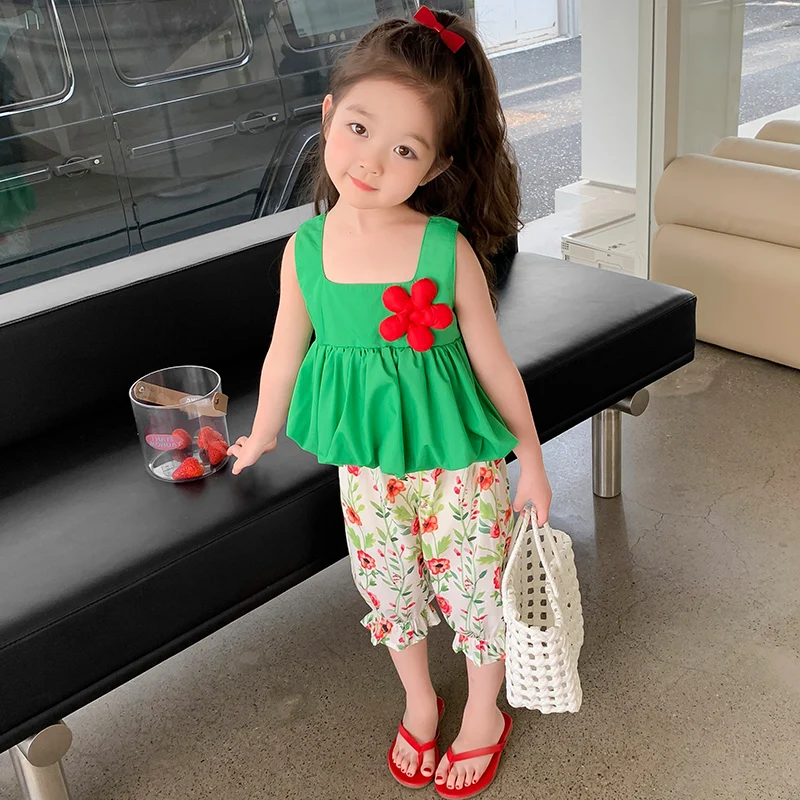 

Комплекты одежды для маленьких девочек, летний детский цветочный жилет и штаны, Пляжная Праздничная детская повседневная одежда, костюмы принцессы, наряды для младенцев