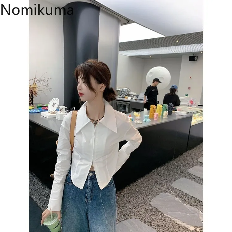 Женская блузка на молнии с длинным рукавом Повседневная Белая Туника в Корейском