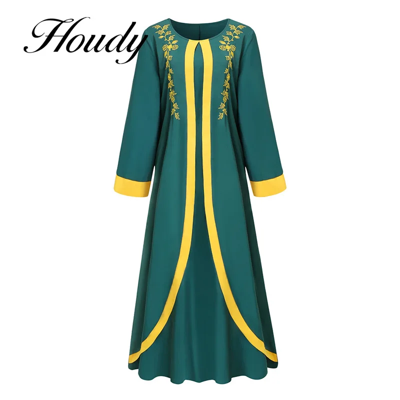 Весенне-летнее женское модное платье в арабском стиле с V-образным вырезом и вышитыми рукавами с золотой вышивкой и цветами, свободное зелен...