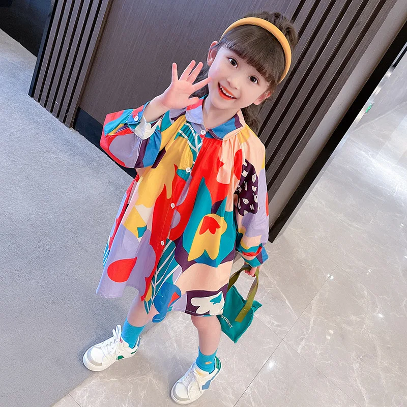 

Loose Popular Full Print Floral Lapel Shirt Princess Dress Children Sping Fashion Active Beach Girls Cotton Oversize Dresses