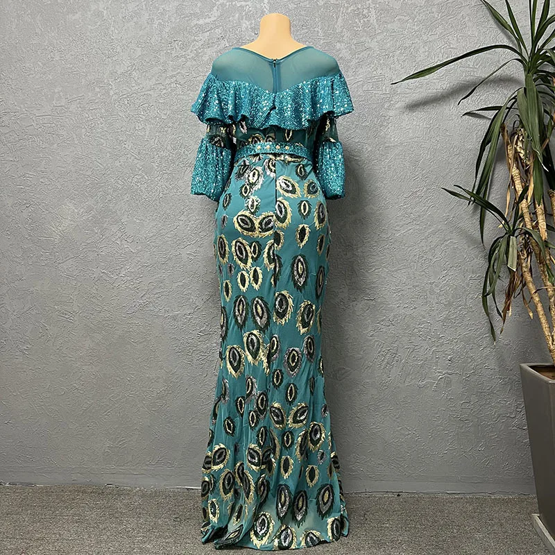 Plus Size Women Clothing New Luxury Fashion Slim Fit Fishtail Long Sequin Evening Dress Round Neck Chic And Elegant Woman Dress