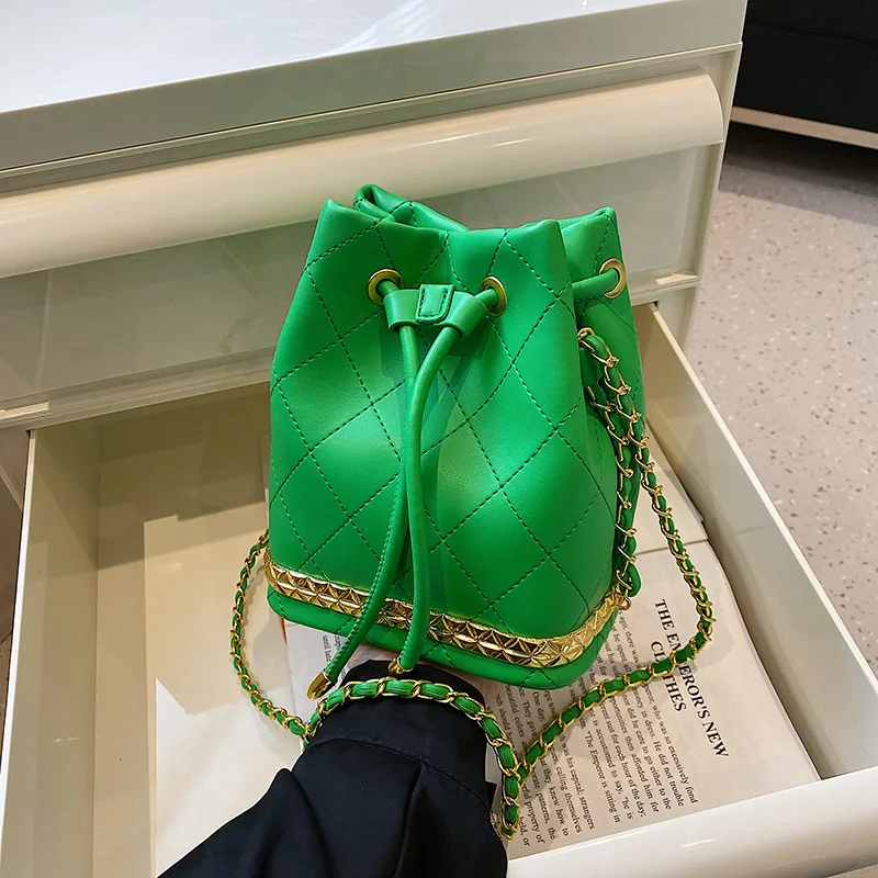 

Green Ladies Bag High Quality Pu Leather Shoulder Bag Embroidery Thread Handbags Bucket Women's Crossbody Bag Purse Small Bag