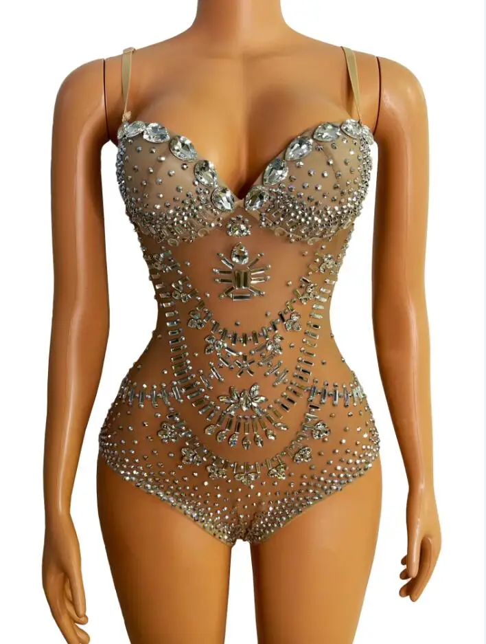 

Transparent Nude Mesh Shining Crystals Leotard Birthday Celebrate Bodysuit Female Singer Performance See Through Clothes