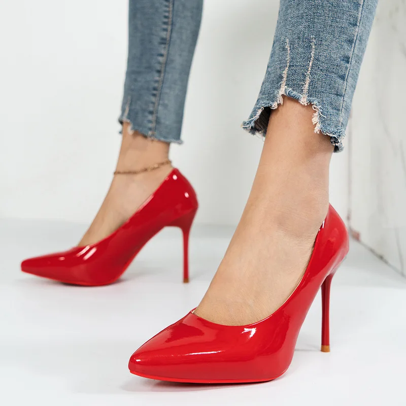 

Spring Pointed Sexy Red Sole Stiletto Heel Patent Leather Women's Shoes Extra-large Dress All-match Reverse String Work Shoes