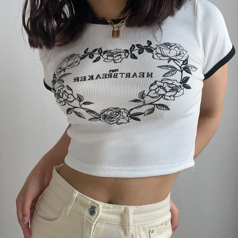 

Summer Women Casual Y2K Short T-Shirts Ladies Female Short Sleeve Rose Heart Garland Ribbed O-Neck Crop Top Stretchy Navel Shirt