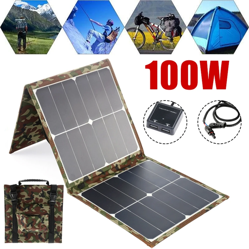 

Складная солнечная панель 100 Вт, Внешнее зарядное устройство с питанием от солнечной энергии, зарядное устройство с USB-зарядкой, устройство для аварийной зарядки MP4, 2 выхода USB