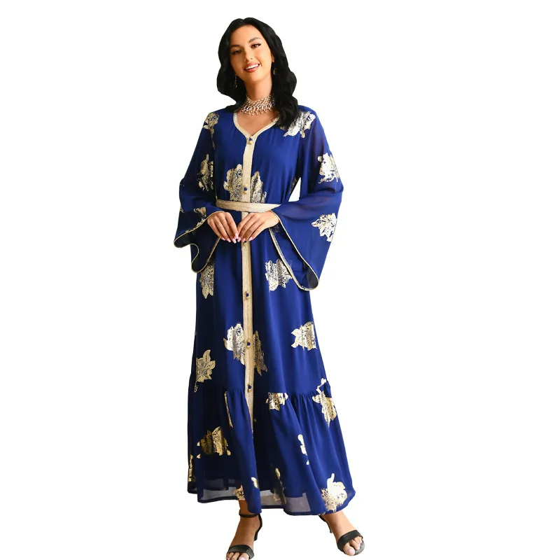 Party Dresses Abayas For Women Dubai 2023 Printed Long Sleeve V-Neck Button Tape Trim Belted Kaftan Split Hem Clothes For Women