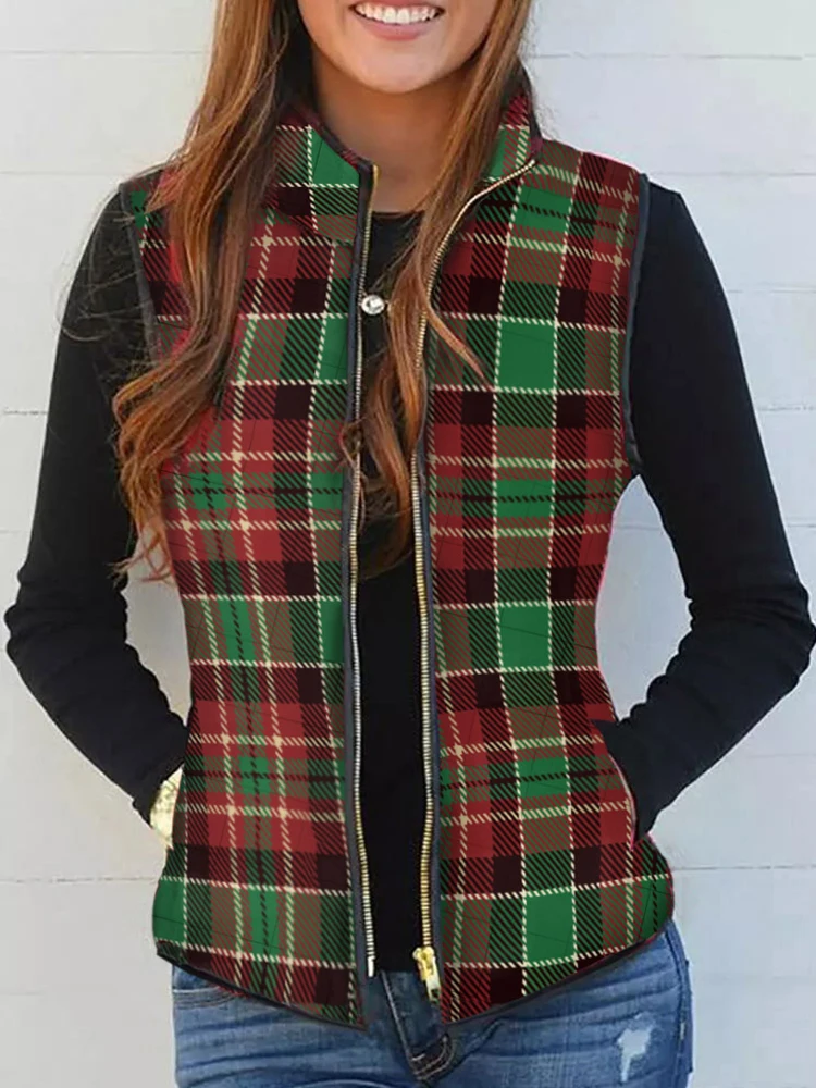 

Plaid Zipper Pocket Sleeveless Vest Coat Cropped Vest Coat Women Stand Collar Zipper Waistcoat Ladies Vest Sleeveless Outerwear