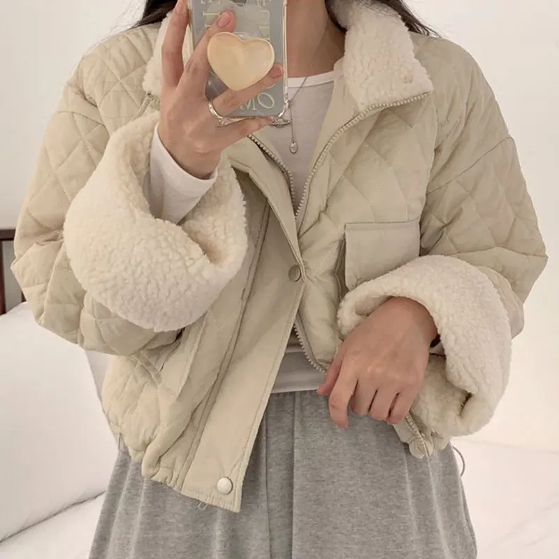 Plaid Warm Parka Woman Korean Fashion Turn Down Collar Thickened Long Sleeve Zipper Quilted Coat Female Winter Top Dropshipping