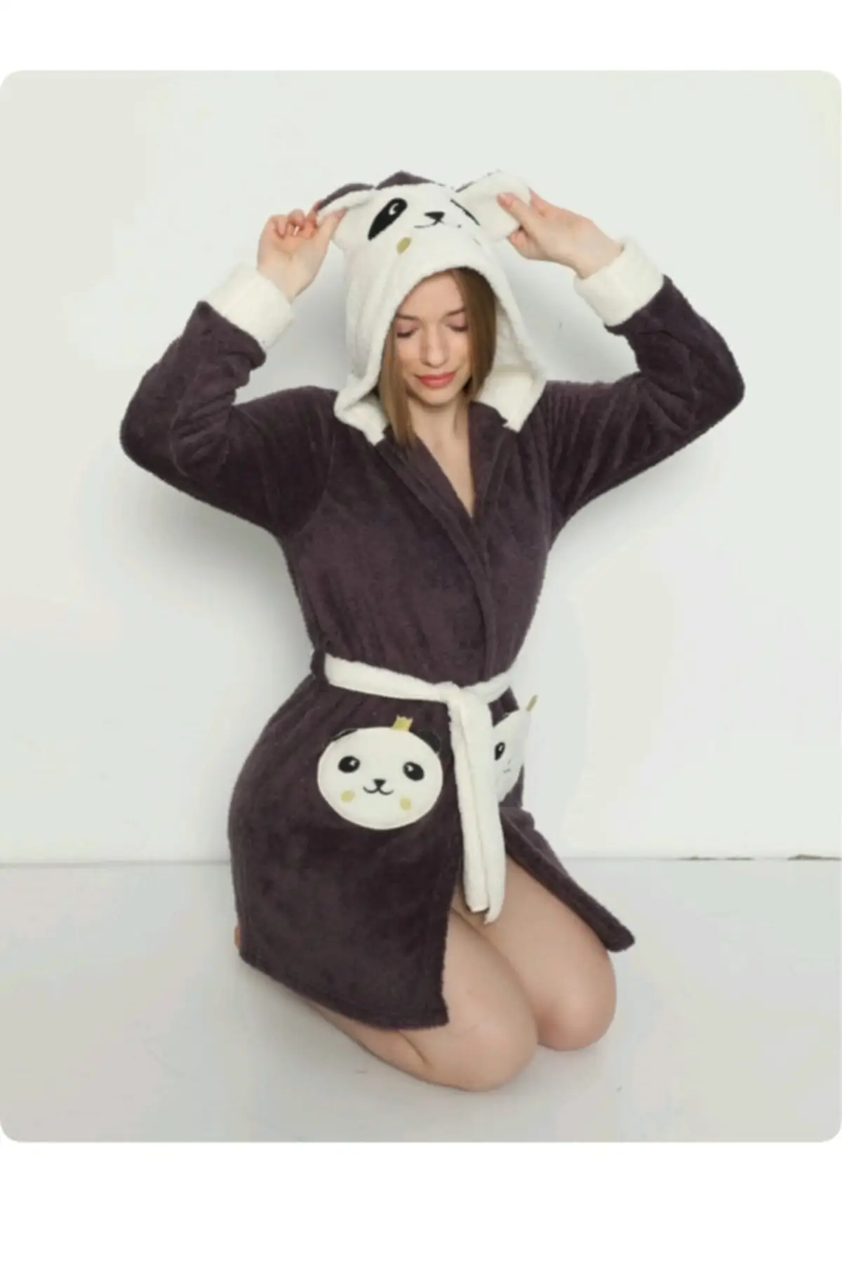 

Dressing Gown Brown Hood And Headphone Detailed Fleece Bathrobe Peignoir Kimono Bride Sleepwear Night Gown