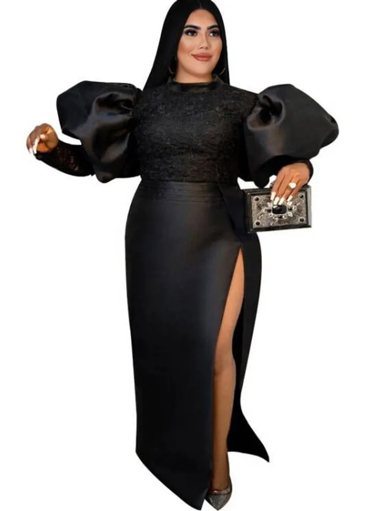 

4XL Plus Size Maxi Dresses Women Lantern Sleeve Split Robes 2022 Fashion Solid Splice Elegant Vintage Party Long Dress Vestidos
