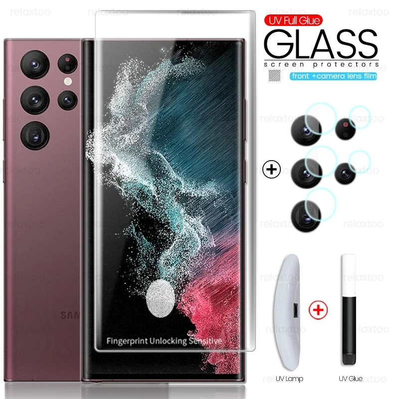 

Ультратонкое защитное стекло S 22 с полным покрытием, клей для Samsung Galaxy S22 Ultra S22ultra S21 +, зеркальная защита для экрана, пленка для объектива камер...