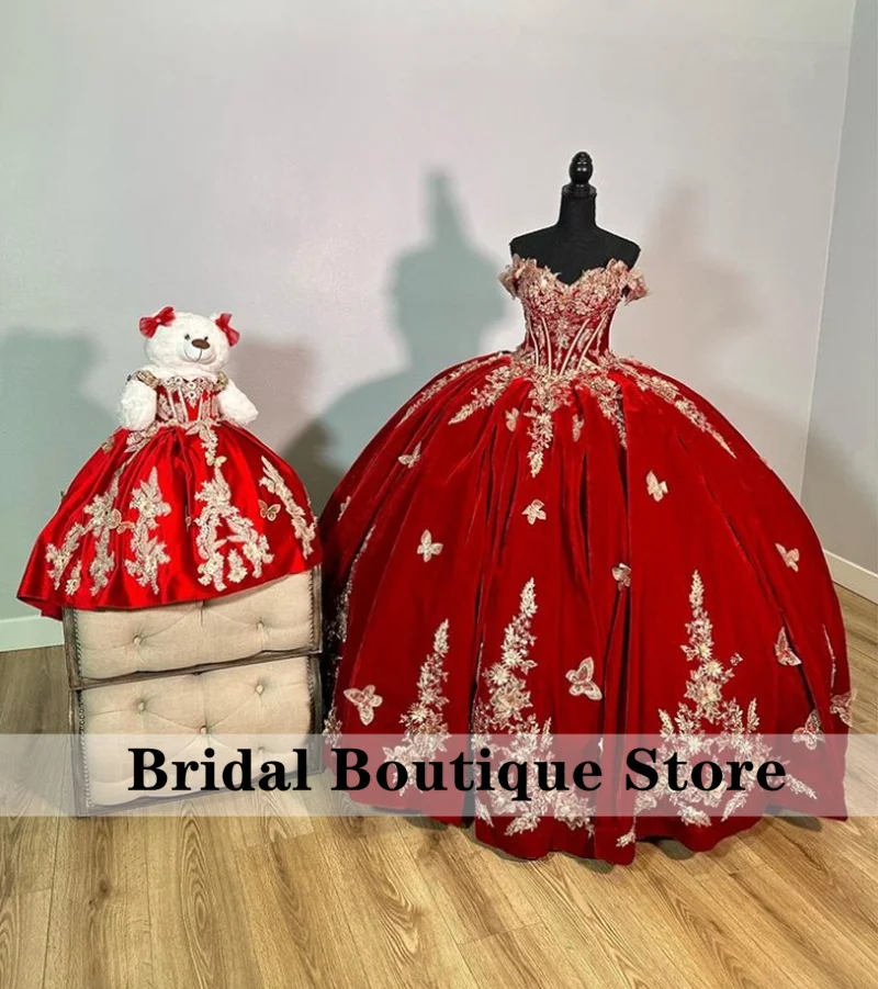 

Princess Red Ball Gown Quinceanera Dresses 2024 Off Shouder Butterfly Appliques Beads Sweet 16 Dress Vestidos De 15 Anos Corset