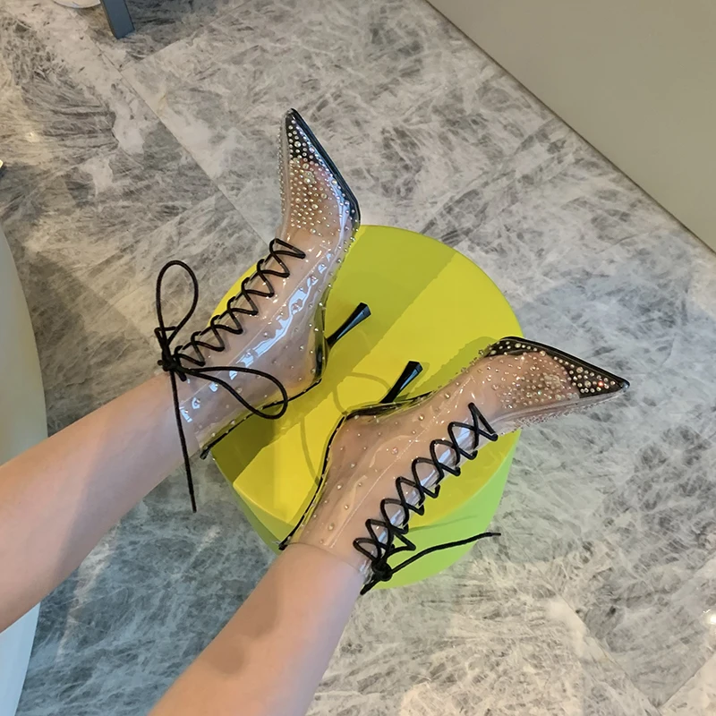 ZOOKERLIN Pointed PVC Rhinestone Zipper Women's Boots Fashion Ankle Boots Black Sexy High Heels Autumn Winter Clear Woman Shoes