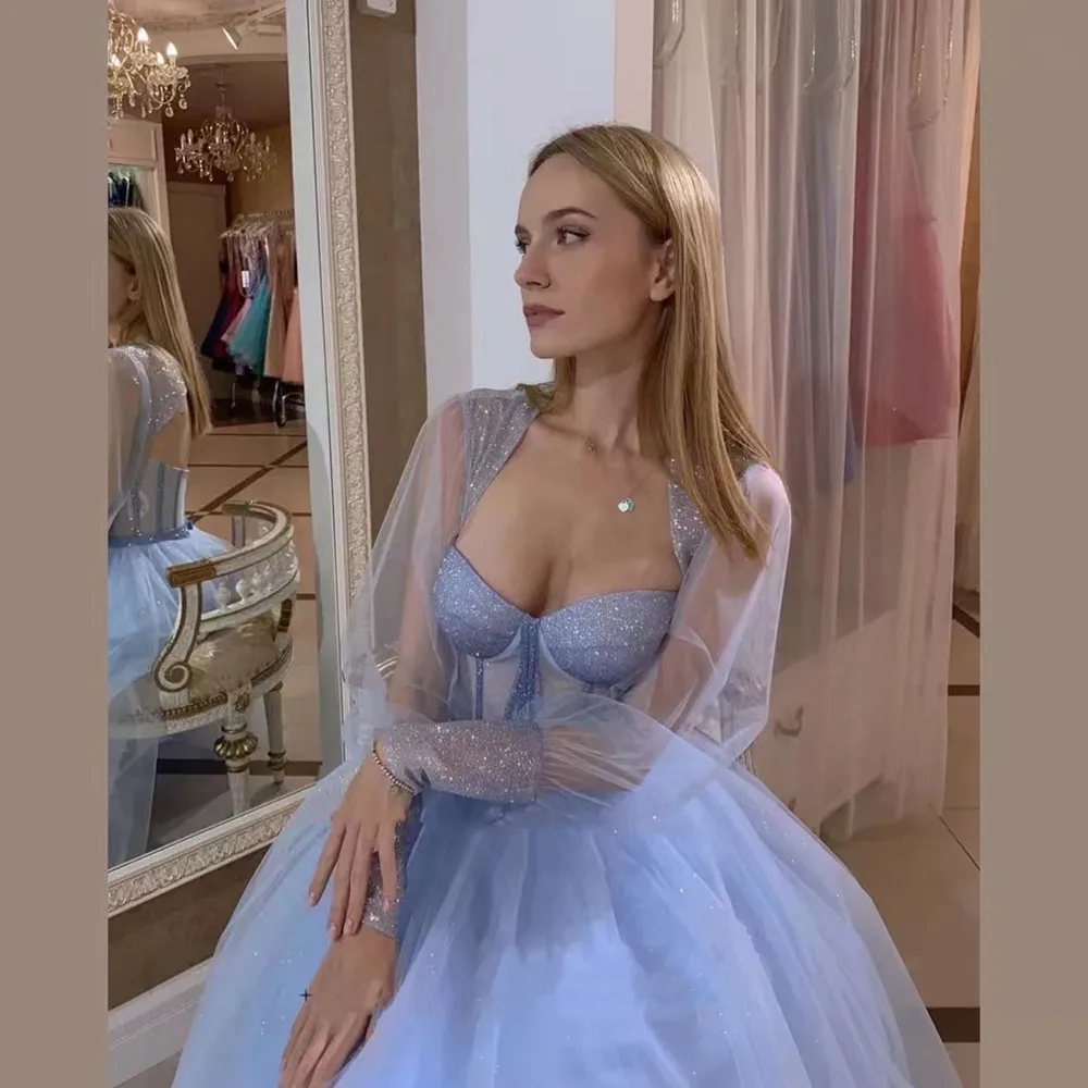 

Boho Sky Blue A Line Prom Dresses 2022 Vestido De Fiesta Party Gown Shiny Tulle Tea Length Платье Для Свадебной Вечеринки