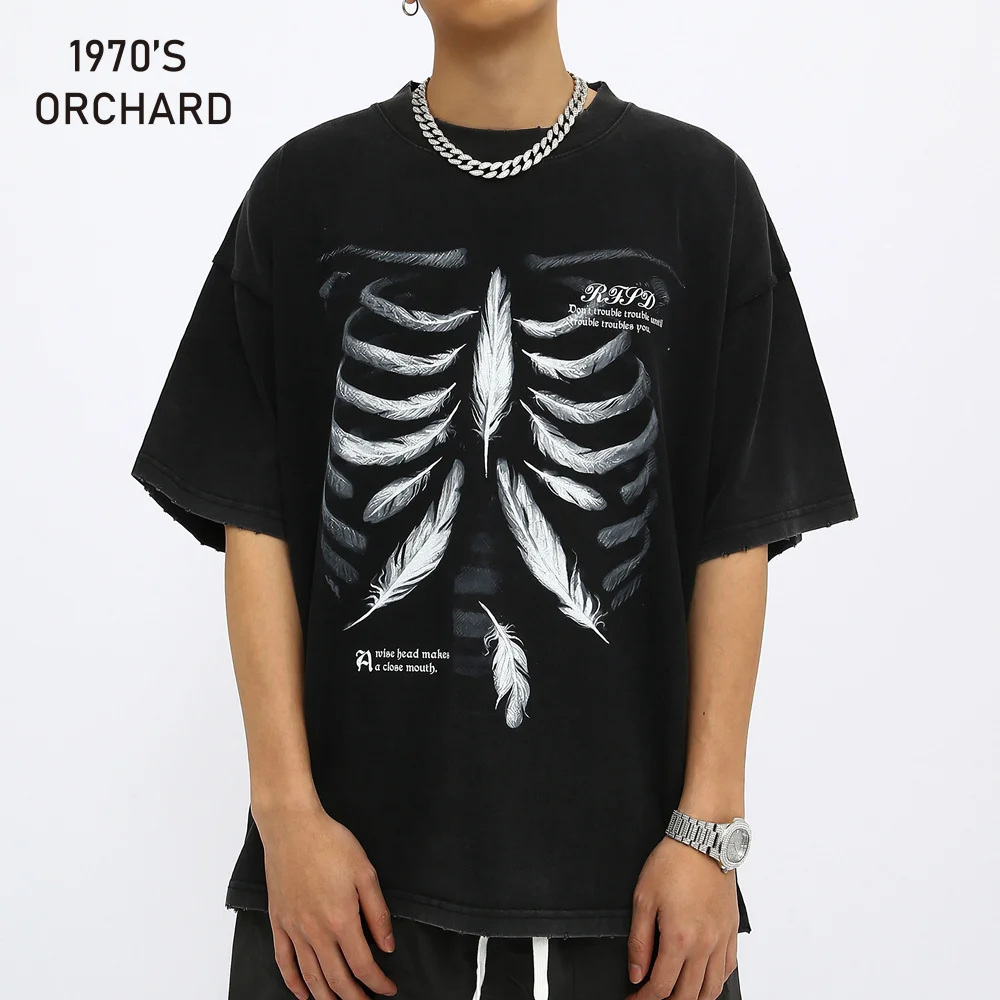 

Gothic Skeleton Feather Print T Shirt for Men O Neck Drop Shoulder Short Sleeve Tops Male Summer Casual Graphic Tees Streetwear
