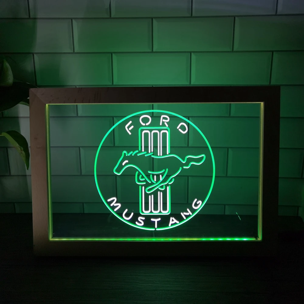 

Двухцветная светодиодсветодиодный неоновая вывеска Ford Mustang, фоторамка, креативная настольная лампа, настольный Деревянный 3D светильник дл...