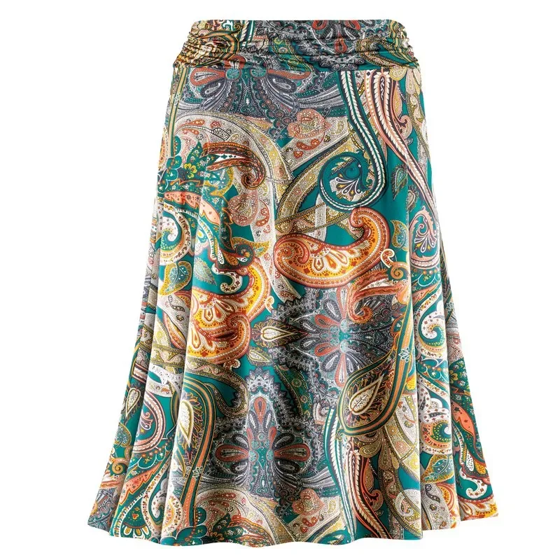 

Women`s Paisley Print Mid-Length Knit Skirt with Shirred Waistband Emerald Large fast shipping