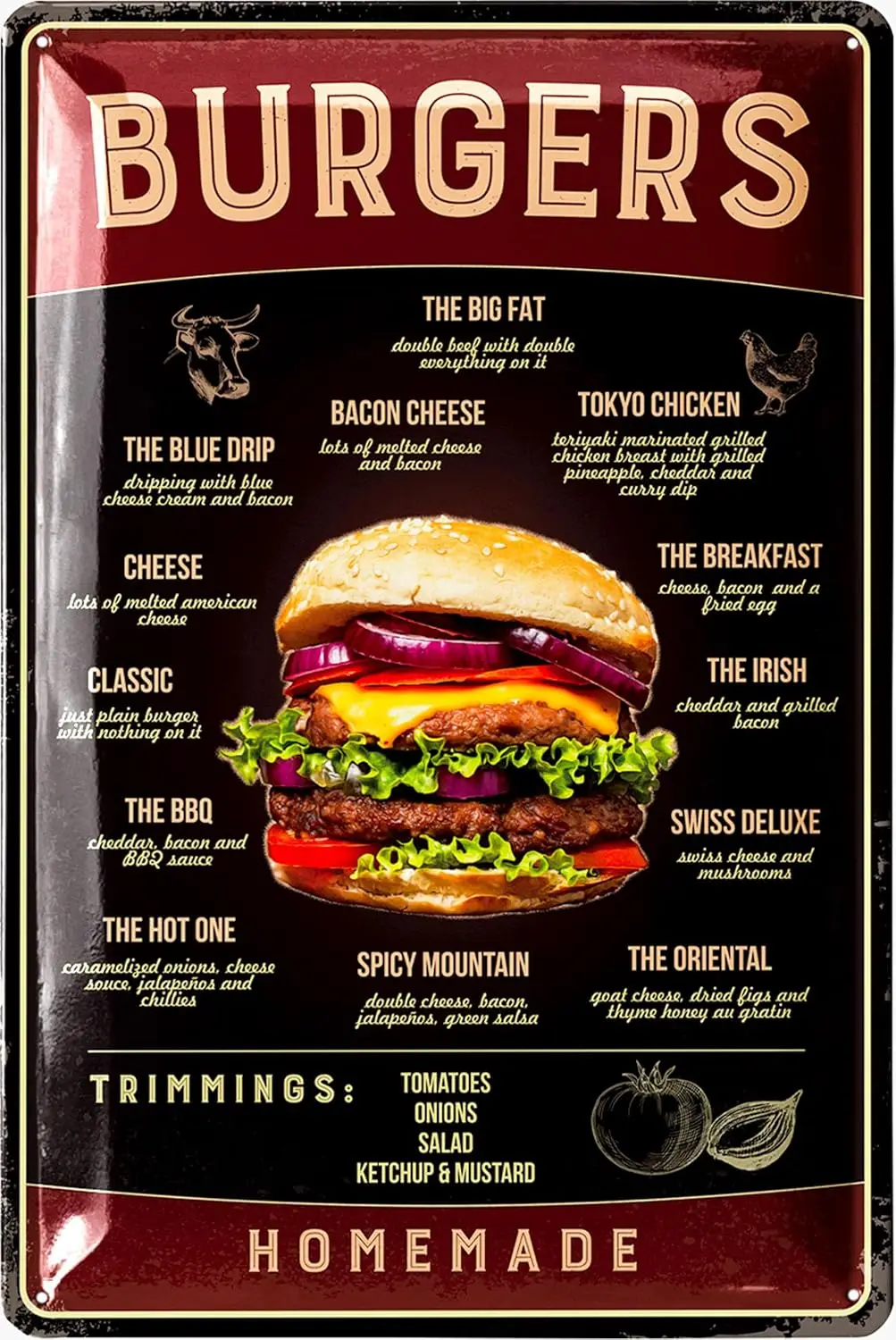 Винтажная жестяная вывеска BURGER Декор в стиле ретро для ресторана Винтажные