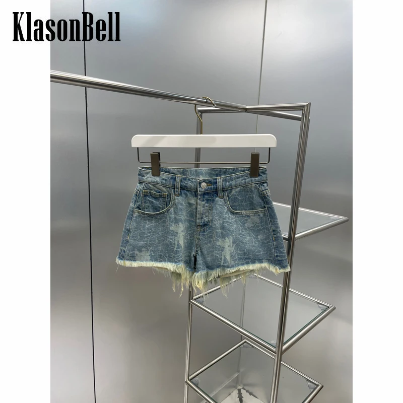 

6.15 KlasonBell Print High Waist Tassel Frayed Denim Shorts Women