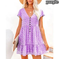 spring summer dress fashion clothes casual short sleeve ladies button up floral flower printed patchwork loose pleated skirt