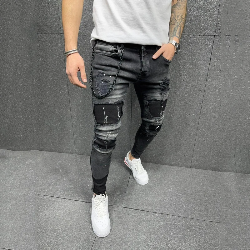 wish European and American men's new slim ripped pencil pants printed jeans Youth leisure vacation trend all-match trousers