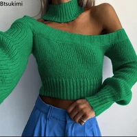 spring autumn women knitted sweater green off shoulder long sleeve crop top knitwear y2k streetwear sweaters pullovers female