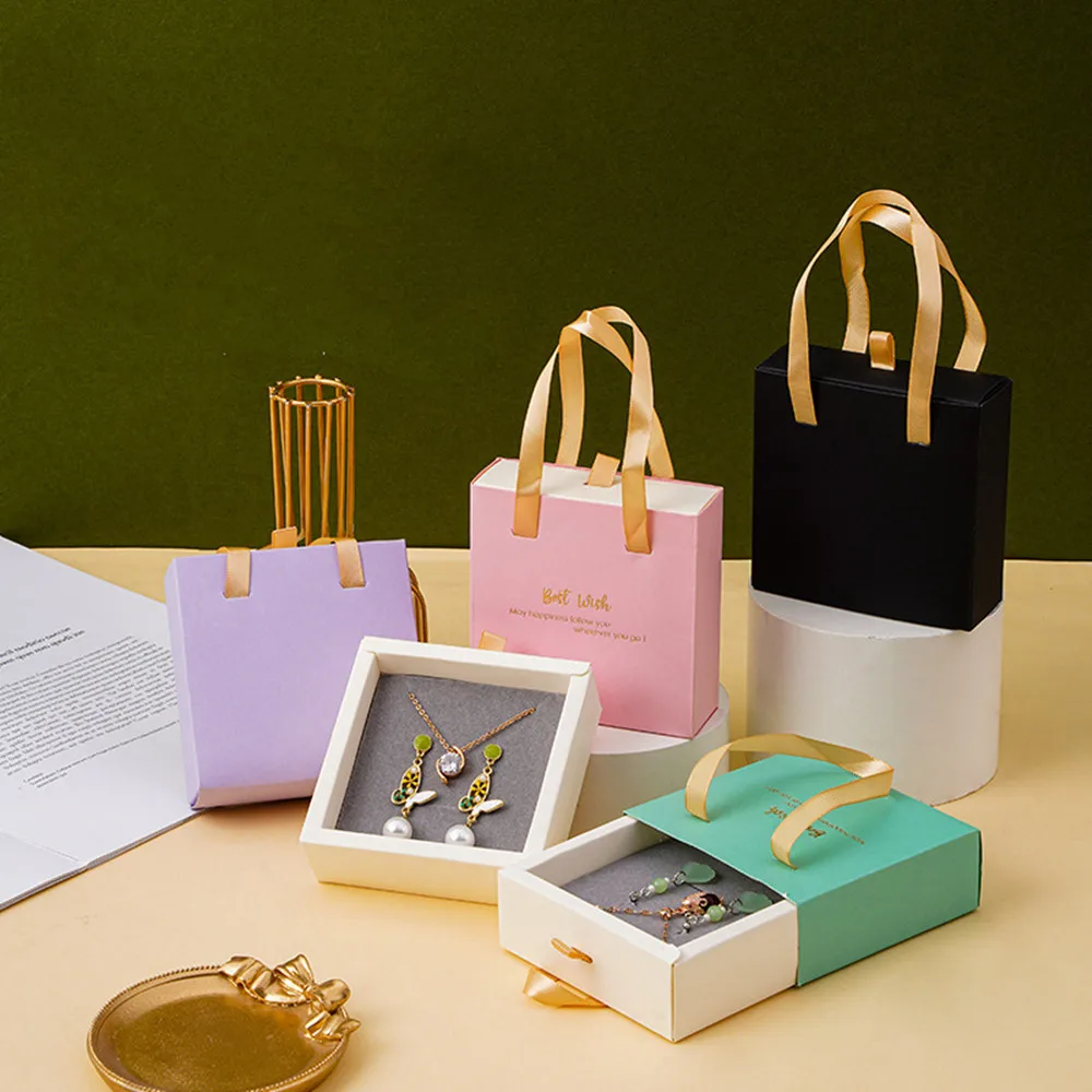 

Jewelry Drawer Gift Box Sponge Lined Thickened Cardboard Paper Packaging Container Ribbon Earrings Necklace Display with Handle