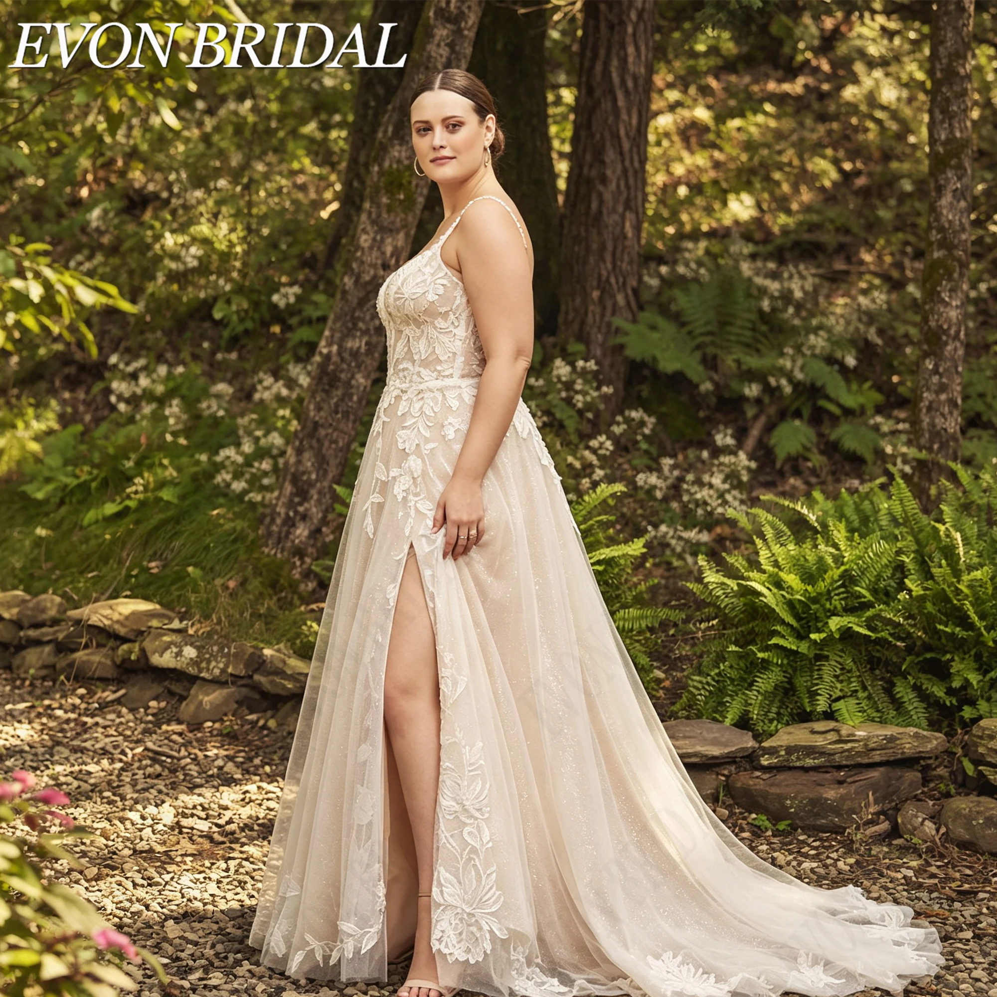 Фото EVON BRIDAL Свадебное платье на тонких бретелях с аппликациями для пышных женщин глубокое V вырез А-силуэт высокий разрез свадебное платье заказ элегантное подвенечное платье для невесты ручная вышивка индивидуальный №4
