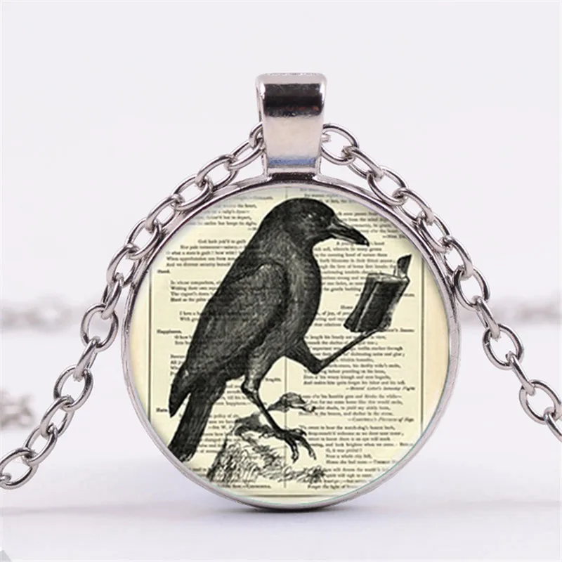 

Smart Bird Crow Raven Reading Book Photo Glass Dome Cabochon Pendant Necklace Fashion Jewelry Accessories for Women's Men's Gift
