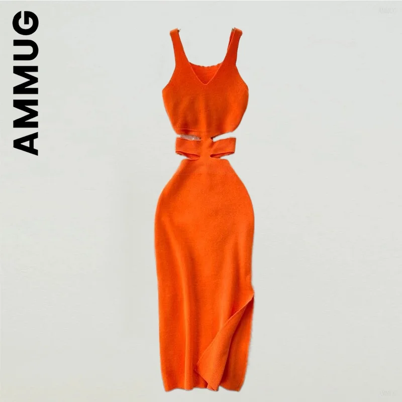 

Ammug Women Dress Fashion Beach Split Backless Long Dress Leisure Vintage Robe Holiday Elegant Vestidos Clothing Female