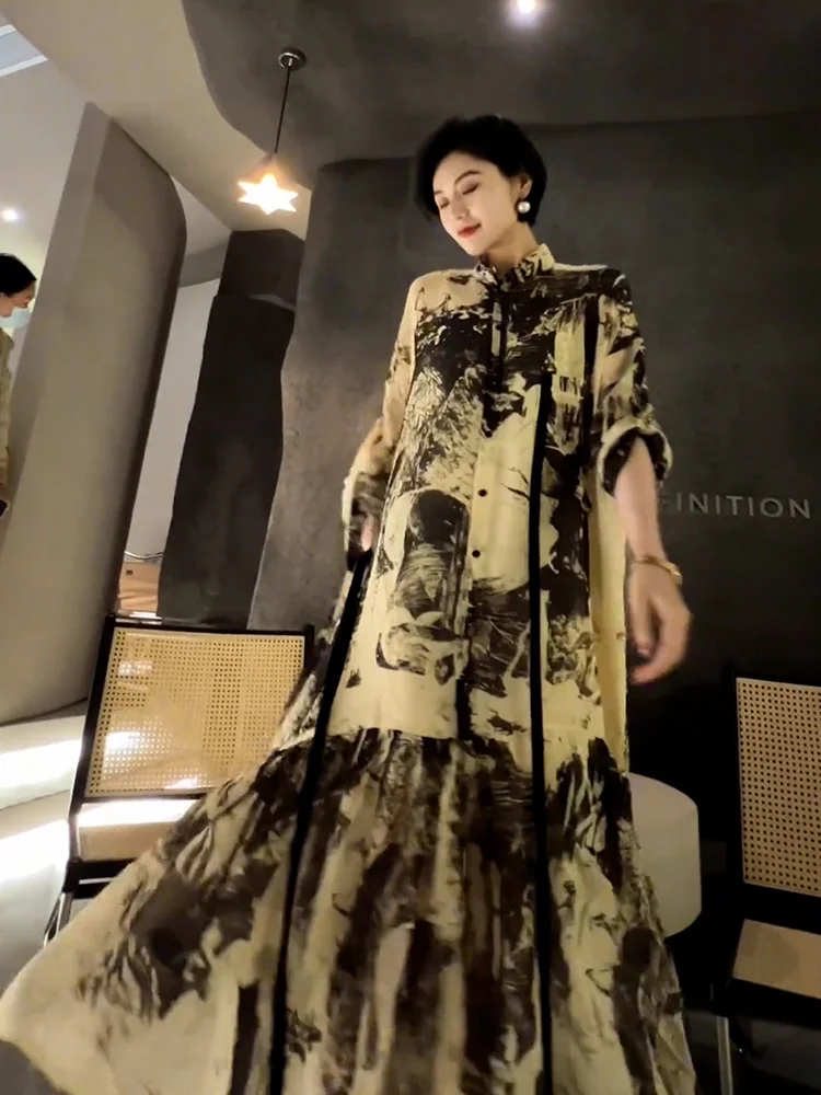 Spring Unique and Unique Temperament High Grade Long Dress New Chinese Style High end Exquisite Ink Halo Dyed Dress