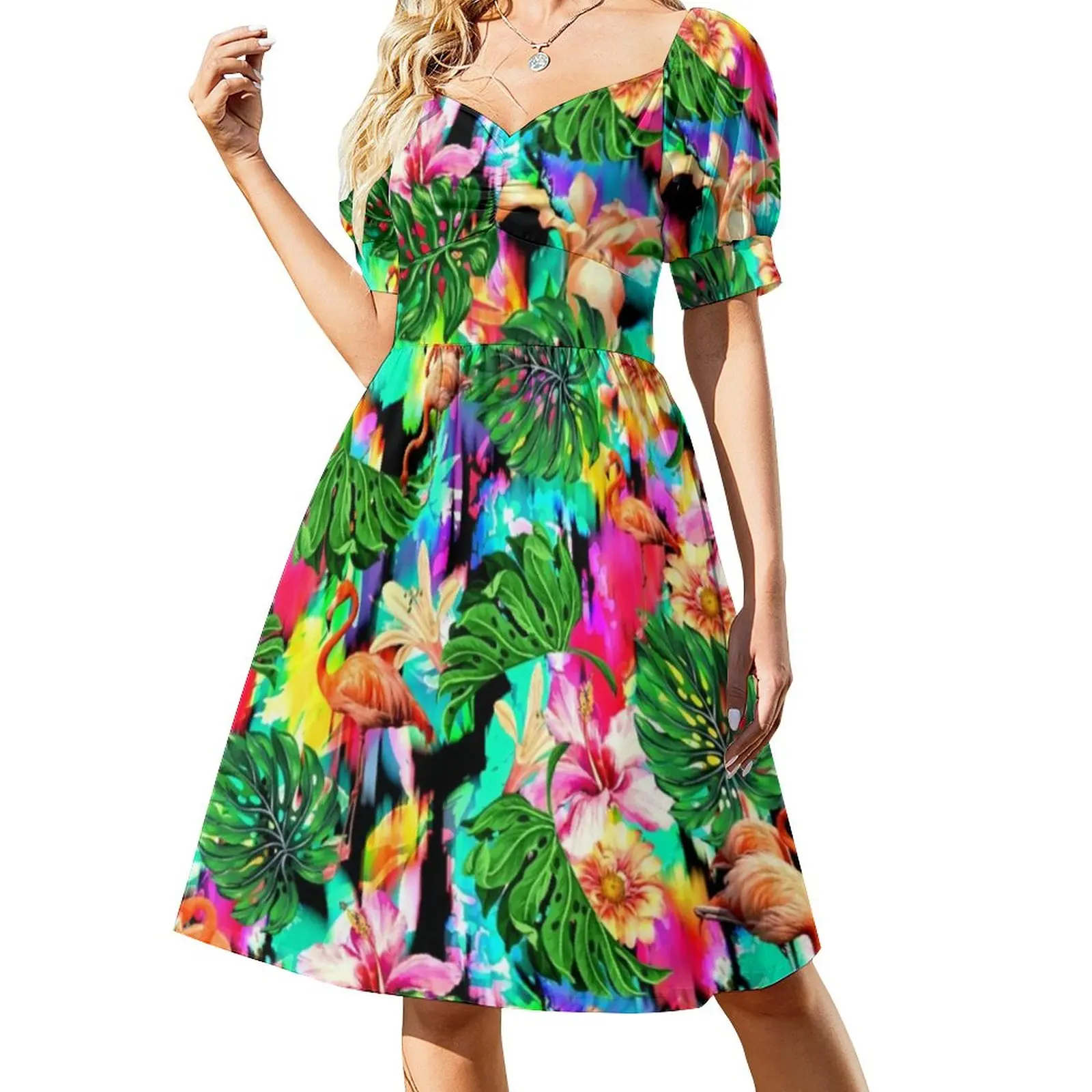 

Flamingo Print Dress Sexy V Neck Tropical Leaves Pretty Dresses Female Street Fashion Custom Big Size Casual Dress Gift Idea