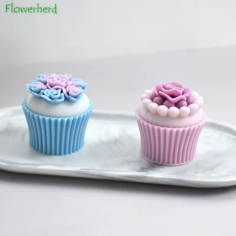 

Simulation Muffin Cake Cup with Flowers Aromatherapy Candle Silicone Mold DIY Cake Cup Scented Candle Soap Plaster Epoxy Molds