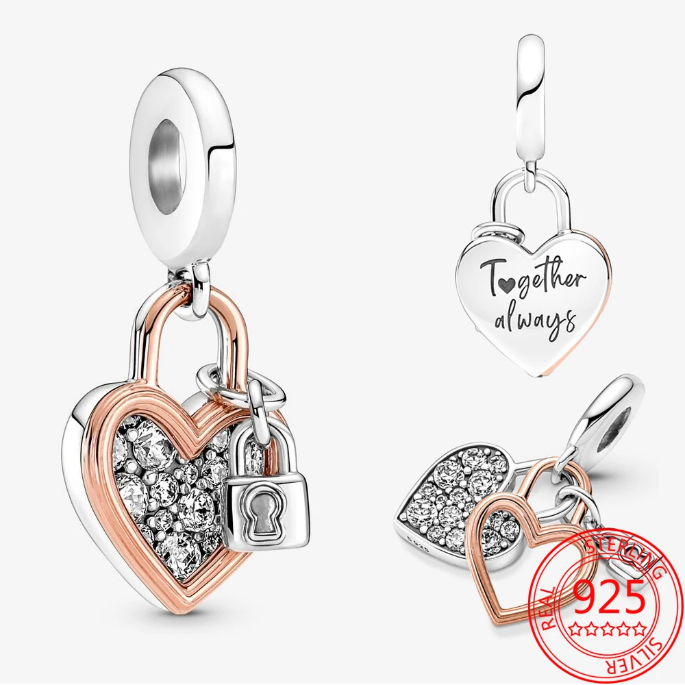 

Real New Rose Gold Heart Padlock Double Charm Fit Pandora Snake Bracelet 925 Sterling Silver Charms Jewelry Girls Gift Making